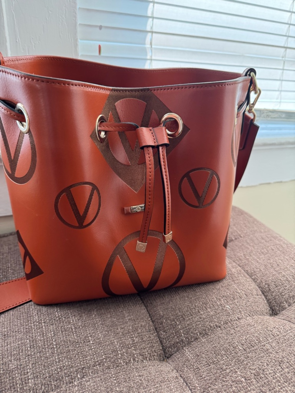 Valentino Rust Brown Logo Bucket Bag